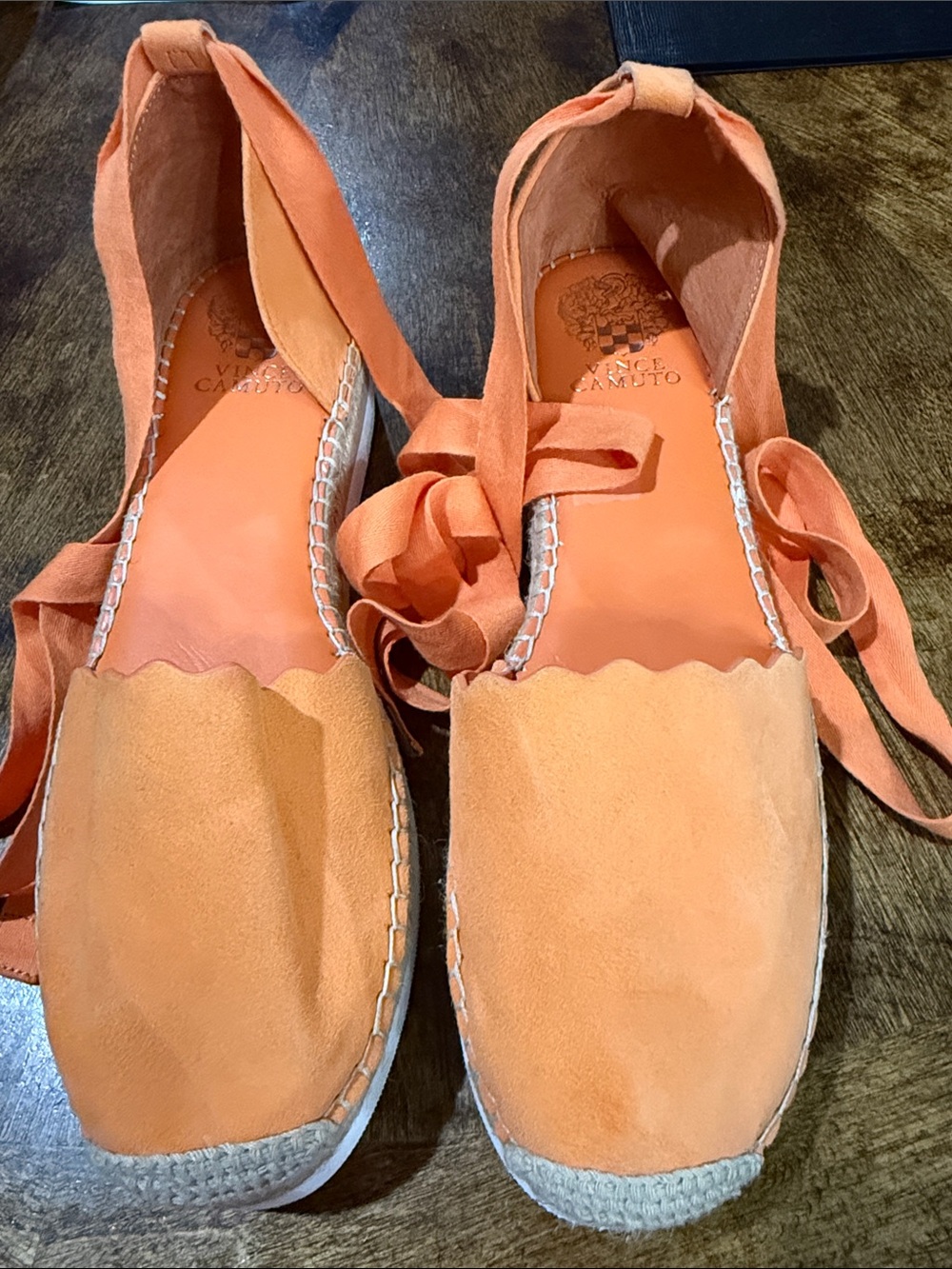 Vince Camuto Coral Orange Suede Espadrille Tie-Up Flats